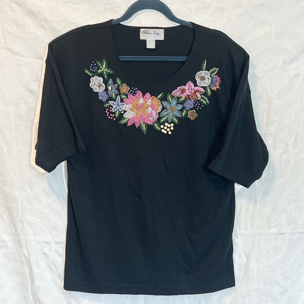 Chelsea Way Vintage Black Floral Beaded Top, Size L